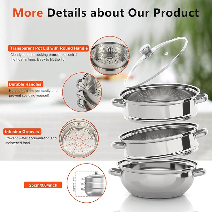 3 Tier Stainless Steel Steamer, 12.8in Multifunctional Steamer Pot Meat Vegetable Cooking Steam Pot Kitchen Steamers Cookware with Transparent Pots Lid for Vegetable Dumpling Stock Sauce