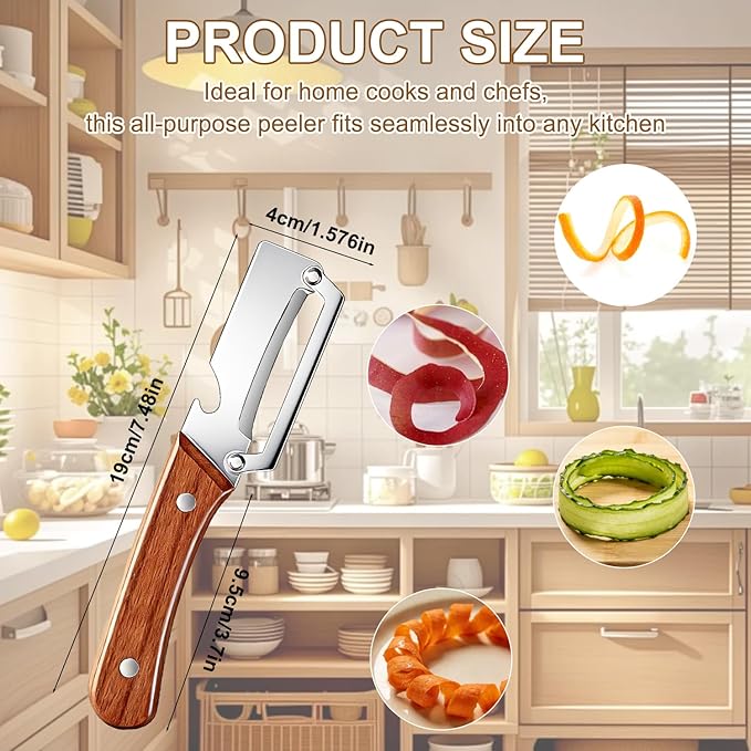 2PCS Multi Functional Premium Vegetable Peeler with Wooden Handle and Bottle Opener,Stainless Steel Blade Kitchen Tool for Fruit Apple Potato Pumpkin Papaya Carrot