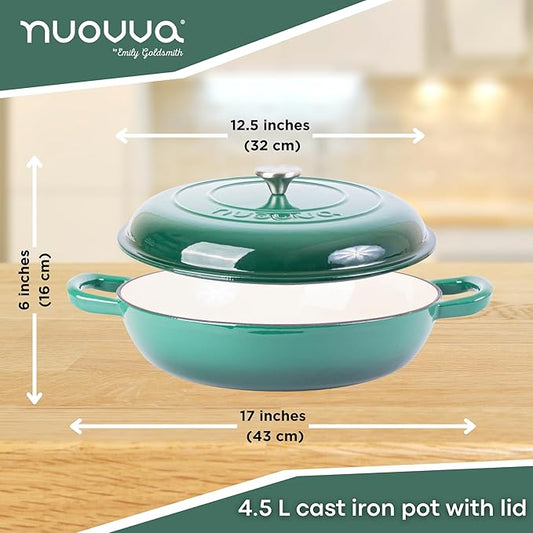 Shallow Cast Iron Casserole with Lid – Non Stick Dutch Oven Pot, Oven Safe up to 500° F – Sturdy Ovenproof Stockpot Cookware – Enamelled Cooking Pot – Dark Green, 5-Quart, 32cm – by Nuovva