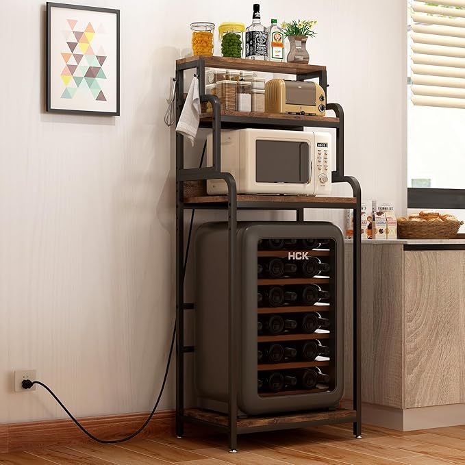 Bakers Rack with 4-Tier Mini Adjustable Shelves and Power Outlet, Heavy-Duty Metal Frame Kitchen Shelf Organizer, Mini Fridge & Microwave Stand for Kitchen, Dorm, Living Room, Walnut Brown