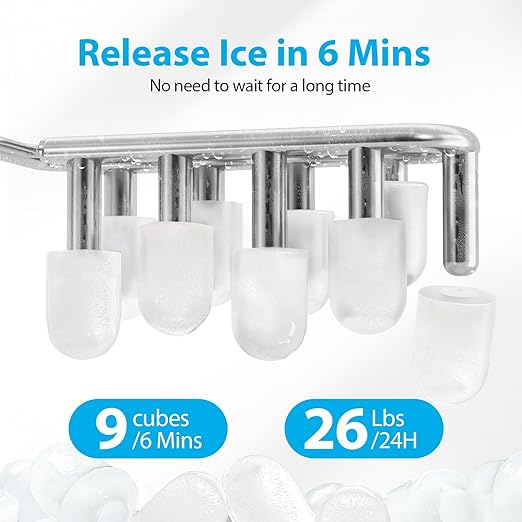 Aeitto Ice Makers Countertop, 26Lbs/24H Ice Machine with 2 Sizes of Bullet Ice, 9 Ice Cubes Ready in 6 Mins, Self-Cleaning Portable Ice Maker with Ice Scoop and Basket for Home Office Bar RV, White