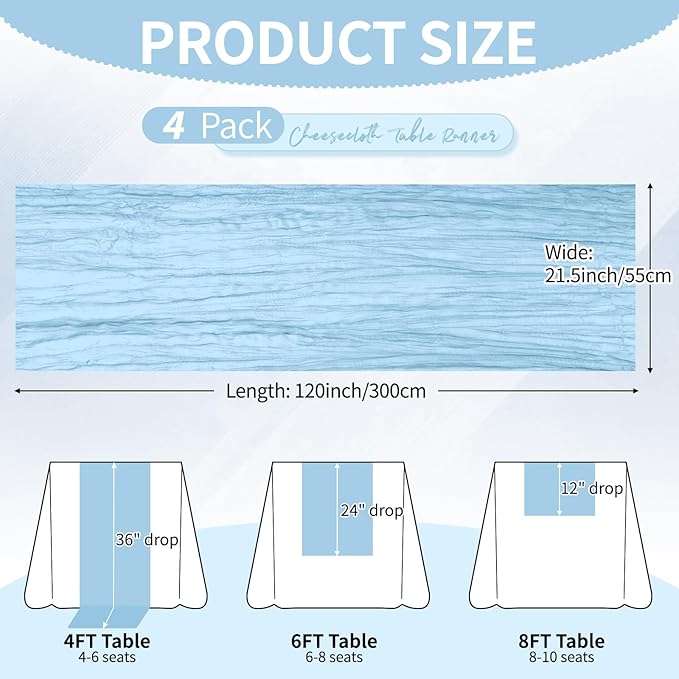 4 Pack Baby Blue Cheesecloth Table Runner 10Ft, Gauze Table Runners 21.5 x 120 inch,Semi Sheer Cheese Cloth Fabric Runner Bulk for Wedding,Party,Baby Shower,Bridal Shower