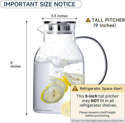 Glass Water Pitcher with Lid and Spout, 68 Ounces Heat Resistant Borosilicate Glass Carafe, Temperature Safe