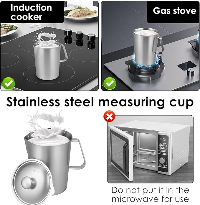 2 L / 70 oz Large Stainless Steel Measuring Cup with Lid, 8 Cup Metal Measuring Cups with Handle, Precision Markings Stainless Steel Pitcher for Espresso Machine, Latte Art, Hot/cold Water