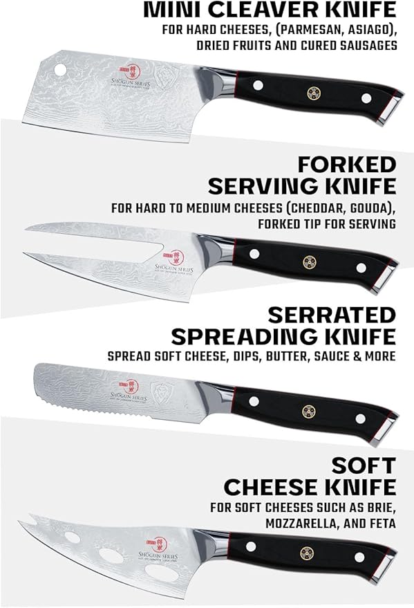 Dalstrong 4-Piece Cheese Knife Set - Shogun Series - Mini Cleaver, Serrated, Round-Tip, Forked Cheese Knife - AUS-10V Japanese Steel - G10 Handle - w/Sheath
