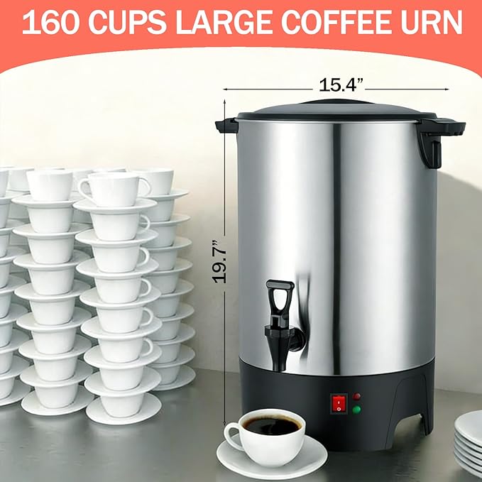 Large Commercial Coffee Urn 160 Cup Percolate Coffee Maker Stainless Steel Hot Beverage Dispenser with Cool-Touch Handles, Quick Brewing for Catering, Business, Church, Restaurant, Wedding, Gathering