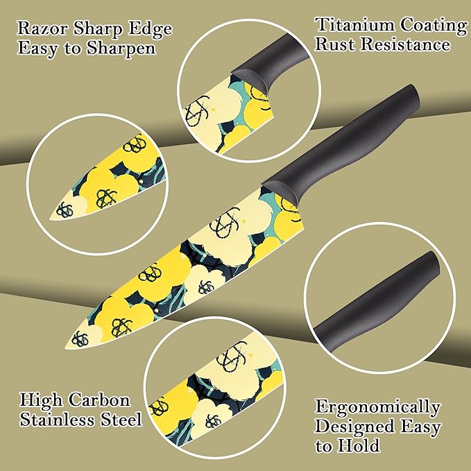 Marco Almond Knife Set Artistic Designed Pattern Kitchen Knife 6 Stainless Steel Kitchen Knives w 6 Blade Guards, Dishwasher Safe Knives for Family Kitchen Knives Set for Chefs