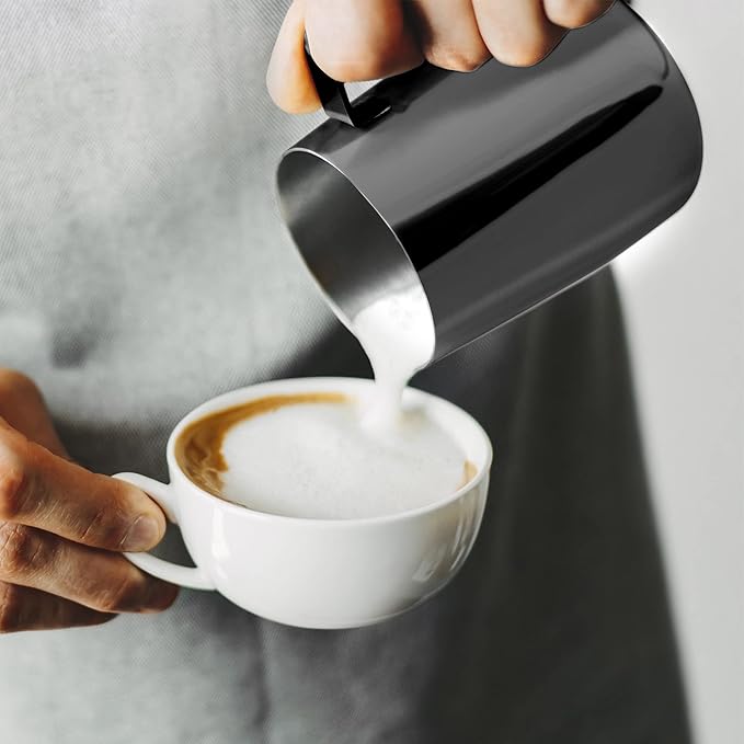 Zulay Milk Frother Cup 350ml/600ml/950ml (12oz/20oz/32oz) - Stainless Steel Frothing Pitcher With Laser-Welded Handle & Precise Measurement Markings - Black - 12oz (Pack of 2)