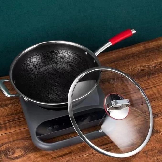 Moksha LifeStyle Honeycomb Wok 12 inch Pan with Lid, nonstick stir fry with silicone handles, Hybrid stainless steel cooking frying pan, dishwasher safe.
