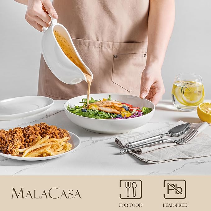 MALACASA 14 oz Gravy Boat with Saucer Stand, Porcelain Sauce Boat with Tray for Salad Dressings, Creamer, Broth, Milk, Ergonomic Handle, Microwave & Dishwasher Safe (White)
