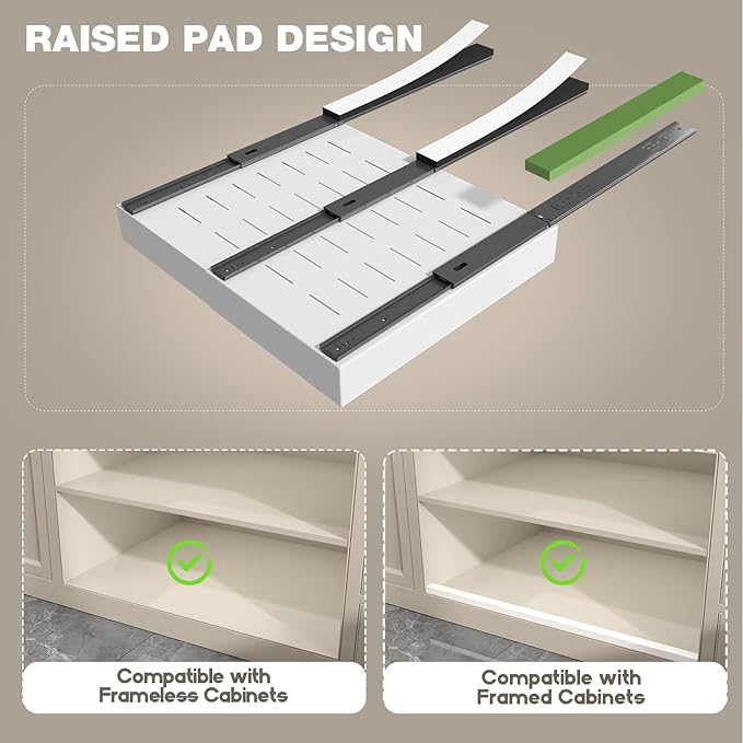 2 Pack Pull Out Cabinet Organizer 19" Deep,Full Extension 3 Slide Rails Slide Out Drawers With Raising Pad for Framed Cabinets,Expandable Width (12.3"-20.5"),No Drill Roll Out shelf,White
