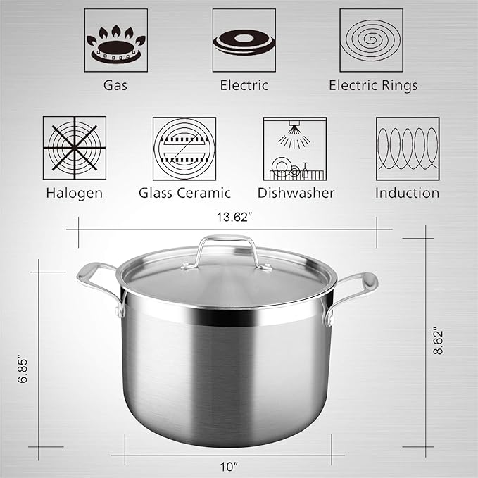 Duxtop Whole-Clad Tri-Ply Stainless Steel Stockpot with Lid, 8 Quart, Kitchen Induction Cookware