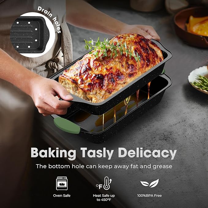 Slow Slog 11-Piece Nonstick Bakeware Set, Stackable & Oven-Safe Kitchen Baking Pans with Silicone Handles - Includes Cookie Sheet, Cake Pan, Muffin Tin, Pizza Stone & Bread Loaf Pan, Dark Green&Black