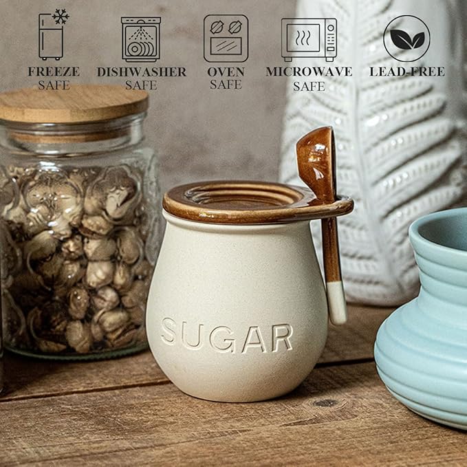 Ceramic Sugar Bowl with Lid and Spoon, 16 Oz Sugar Container for Coffee Bar Decor, Farmhouse Sugar Jar Sugar Dispenser, Vintage Kitchen Decor and Accessories (1 Pack)