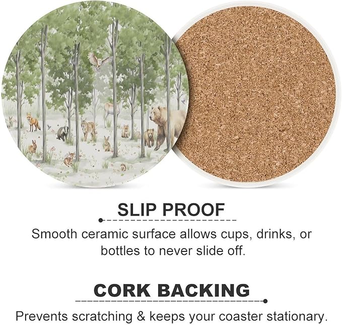 Round-6PCS Forest Drink Coasters, Round Modern Ceramic Absorbent Coasters, Cartoon Forest Nature Animal Bear, Deer, Fox, Rabbit Style Decor Desk Coffee Table Coaster for Beverage Cup Tea Coasters