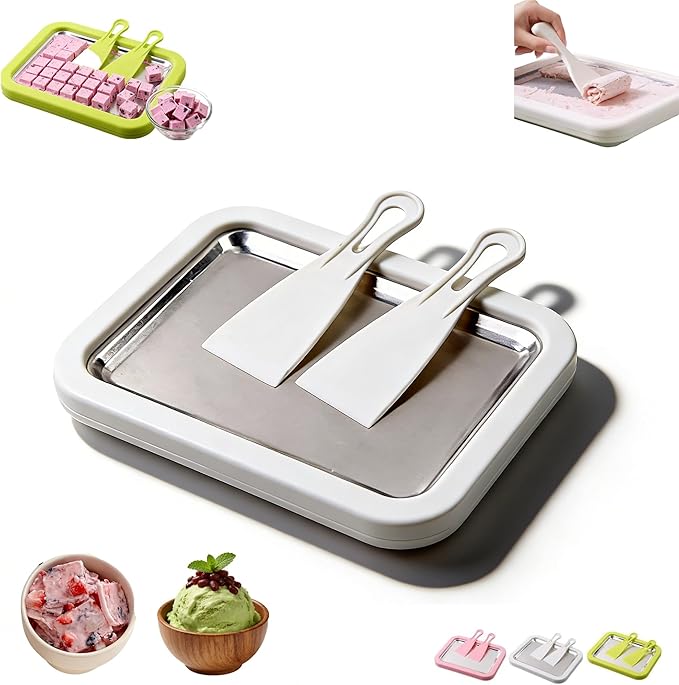 At-Home Rolled Ice Cream Maker Kit, Instant Freeze Plate and 2 Scrapers, DIY Stainless Steel Homemade Iced Tray, Stainless Steel Ice Cream Makers Tray for Fun Freezer Desserts (White)