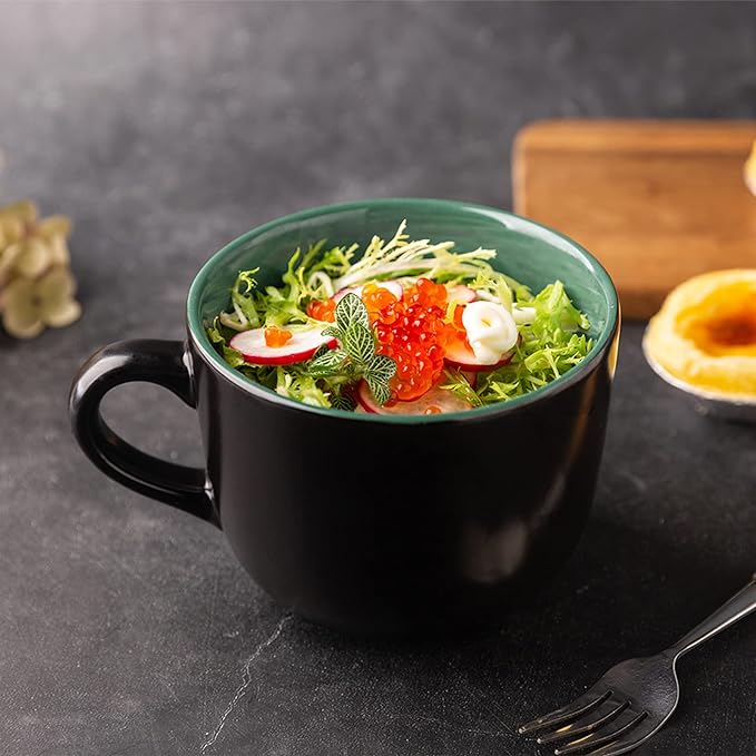 GBhome Jumbo Soup Mugs with Handles, 24 Oz Large Coffee Mugs Set of 4, Ceramic Soup bowls for Soup Cereal Snacks Salad Noodles Cups, Microwave safe - Matte Black, Colorful Inside