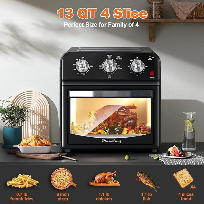 PlumChef 13 Quart 4 Slices Air Fryer Convection Toaster Oven for 3-4 Family, 1500W, Multifunction Oven for Air Fryer, Gril, Defrost, Bake, Time and Temperature Controls (Black)