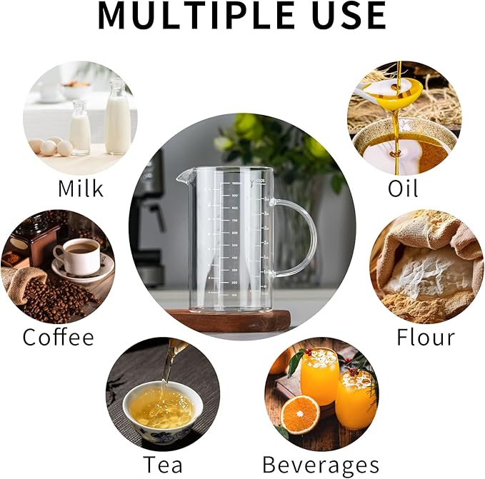 1000ml/4 Cup Measuring Cup,Glass Measuring Cup with Handle,Measuring Pitcher for Kitchen,Baking,Cooking,Restaurant