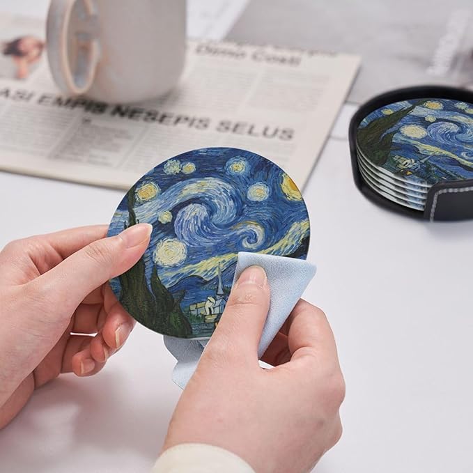 Van Gogh Art Leather Drink Coasters Set of 6 with Holder Round Cup Coaster for Table Decor