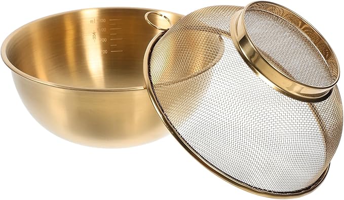 Stainless Steel Basin and Fine Mesh Rice Strainer Set 7.08In Kitchen Drainer for Washing Vegetables Fruits and Cooking Rice with Metal Colander Basket