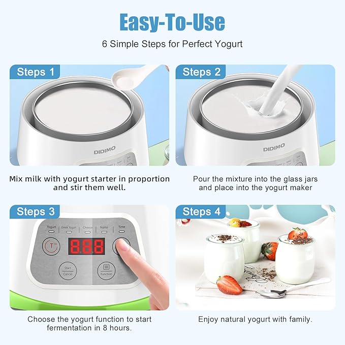 1.37QT Yogurt Maker Machine with Glass Bowl, Automatic Electric Greek Yogurt Maker with 24H Timer & Constant Temperature Control, 3-in-1 Probiotic Maker for Natto & Rice Wine