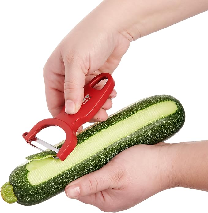 CatCora Swiss-Style Peeler, Professional German Tempered Stainless Steel Blade For Peeling Fruits and Vegetables and Garnishing, Ergonomic Contoured Handle, Red
