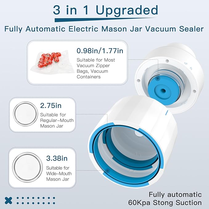 Electric Mason Jar Vacuum Sealer Kit for Wide Mouth and Regular Mouth Mason Jars Vacuum Sealing Machine for Food Storage Compatible with Vacuum Zipper Bags and Vacuum Seal Containers
