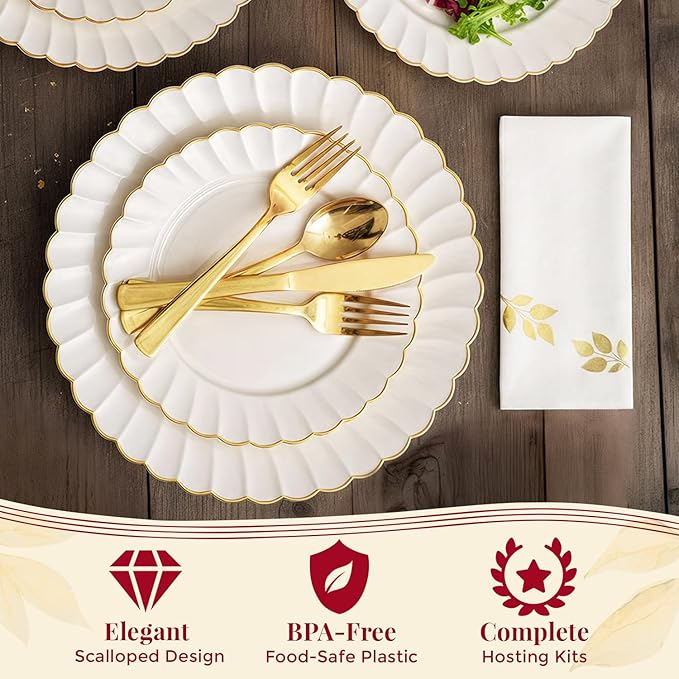 By Madee HIGH END 175 Pc Ivory Scalloped Plastic Plates with Gold Trim | Fancy Disposable Dinnerware Set | Nice Disposable Plates and Cutlery Set w/Cloth Like Napkins for Weddings & Party (25 Guests)
