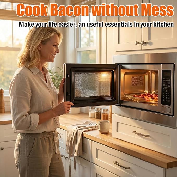 HoPliGhe Microwave Bacon Cooker, Square Glass Microwave Bacon Grill Tray 9.84inch,Cook Crispy Bacon in Minutes