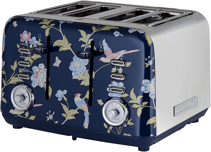 VQ Laura Ashley Elveden Navy Stainless Steel 4 Slice Toaster | Multi-Functional Bagels & Bread Toaster 4 Slice with Adjustable Heating & Defrost Mode | Featuring 4 Wide Slots, Croissant Warming Rack
