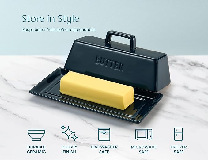 Butter Dish with Lid for Countertop, by Kook, Ceramic Dish Tray with Cover, Kitchen Keeper, Container, Holder (Navy Teal)