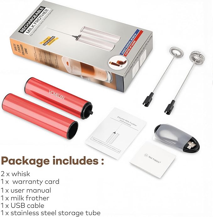 VOMELON Milk Frother, Rechargeable Battery Operated Frother for Coffee,Portable Drink Mixer with 2 Stainless Steel Whisk Heads,Milk Foamer for Keto Coffee, Latte, Cappuccino, Hot Chocolate,Rube Red