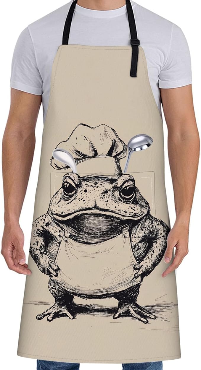 Funny Chef Frog Apron for Women Men,28x33in,Whimsical Kitchen Aprons with 2 Pockets,Oxford Fabric,Playful Adjustable Apron for Cooking Baking Gardening,Gifts for Mom Wife
