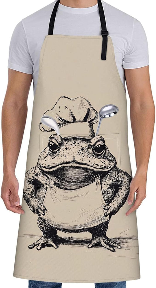 Funny Chef Frog Apron for Women Men,28x33in,Whimsical Kitchen Aprons with 2 Pockets,Oxford Fabric,Playful Adjustable Apron for Cooking Baking Gardening,Gifts for Mom Wife