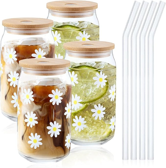 Gerrii 4 Pcs Tumbler Glass Cups with Bamboo Lids and Straw 16 oz Beer Can Tumbler Iced Coffee Cups Flower Drinking with Glass Straw for Birthday Gift(Daisy)