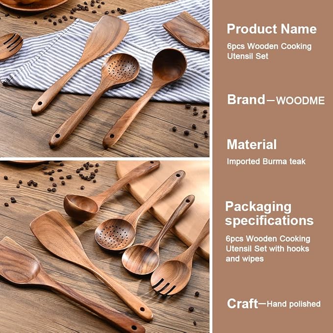 Wooden Spoons for Cooking WOODME 6pcs Wooden Kitchen Utensils Set,Natural Teak Wooden Spoons Cooking Utensil Set For Non Stick Pan With 6 Hooks & 1PCS Kitchen Dish Towels