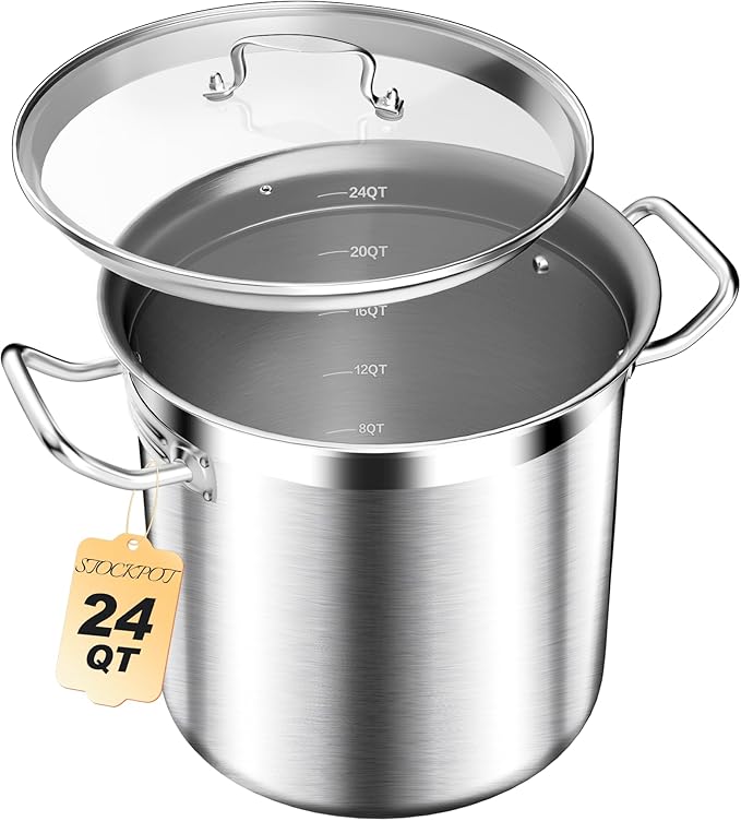 STOCKPOT Stainless Steel Stock Pot with Lid – 24 Quart (6 Gallon) Heavy-Duty Cooking Pot for Soup, Stew, Pasta – Commercial & Home Use, Easy to Clean