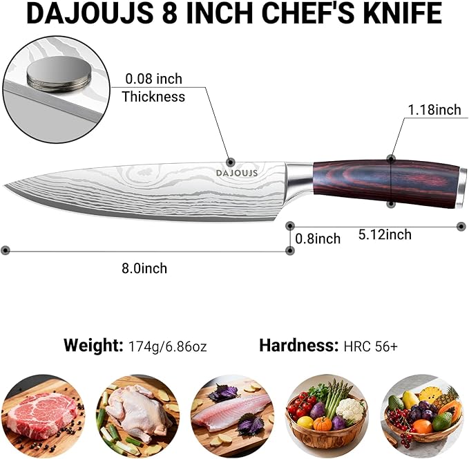 Chef Knife 8 Inch Kitchen Knife - Ultra Sharp High-Carbon Steel Chefs Knife, Professional Cooking Knives with Ergonomic Wood Handle & Gift Box