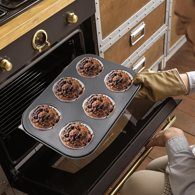DRAONGYE 2 Packs Round Muffin Baking Pan, Premium Steel Muffin Pan for Baking, Cupcake Tin Cheesecake Pans, Bakeware Muffin Top Pan (6 Cups,Black)