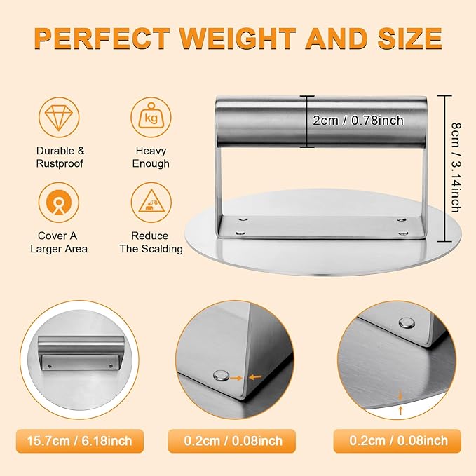 Whaleme Stainless Steel Burger Press 6.2" Round Smash Burger Press- Pro Non-Stick Burger Smasher for Blackstone/Flat Top Grill, Perfect for Burgers, Bacon | Dishwasher Safe Grill Press