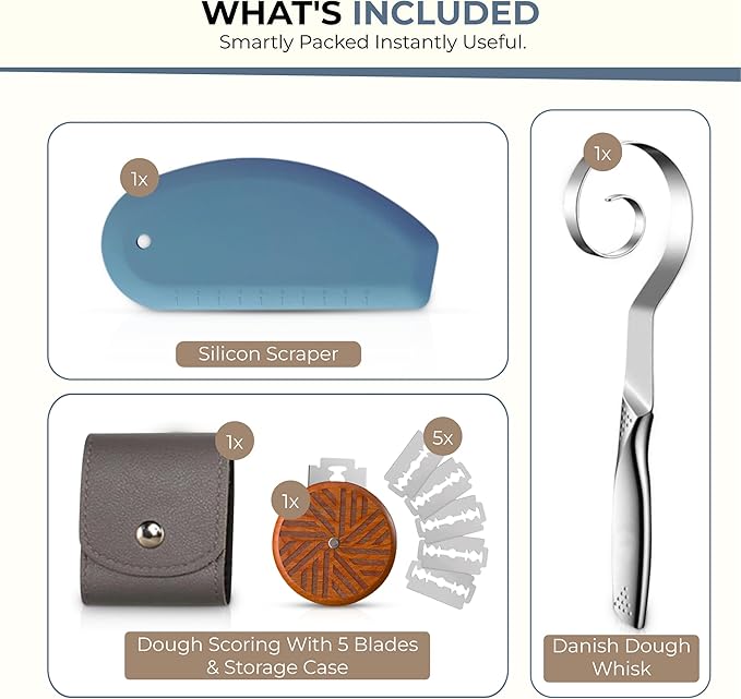 Sourdough Accessories | Seamless Danish Sourdough Bread Whisk, Silicone Dough Scraper & Sourdough Scoring Tool with 5 Blades + Storage Bag (Sourdough bread lame Kit) | Bread baking supplies