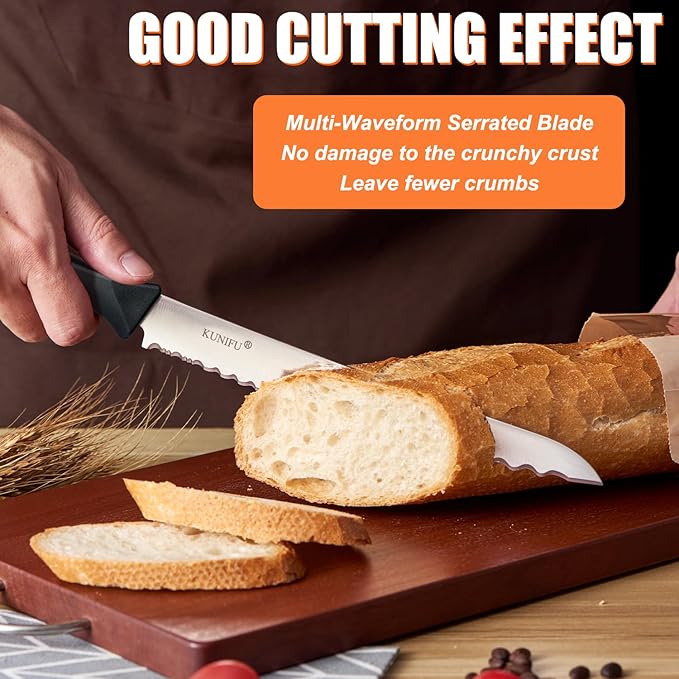 KUNIFU Bread Knife 9 Inch, Serrated Bread Slicing Knife with 5 Serration Types, Ultra Sharp High-Carbon Stainless Steel, Full Tang, Ergonomic Non-Slip Handle for Bread, Bagels, Cakes & Pastries