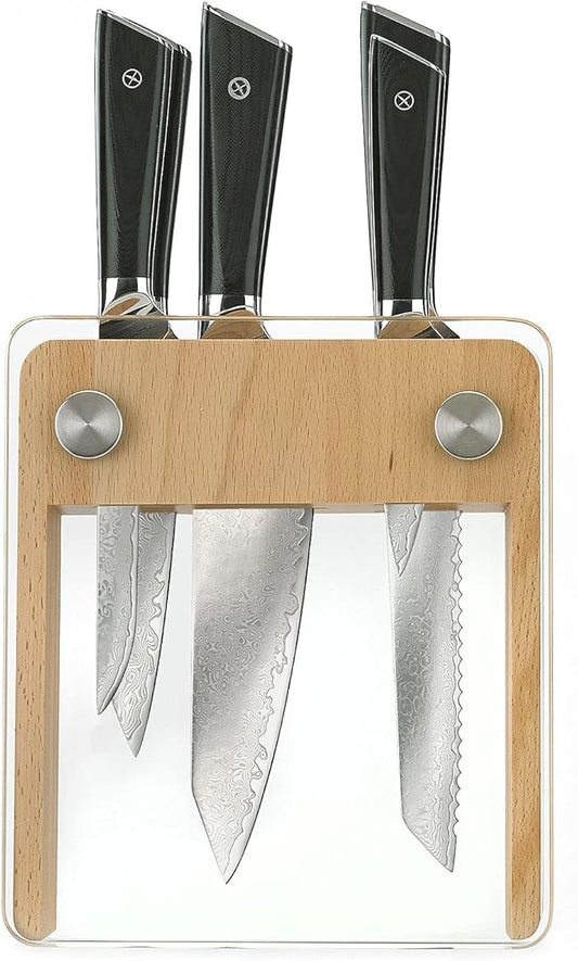 Mercer Culinary Premium Grade Super Steel 6-Piece Knife Set with Glass/Wood Block Stand, G10 Handles