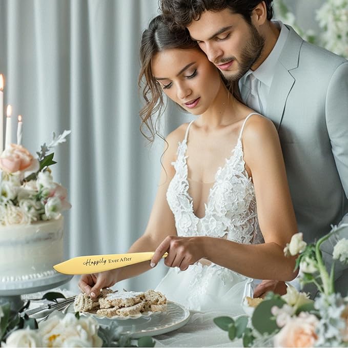 Wedding Cake Knife and Server Set, Mr and Mrs Champagne Flutes Glasses & Forks with Wooden Box, Gold Cake Cutting Set for Wedding Engagement Bridal Shower Gifts