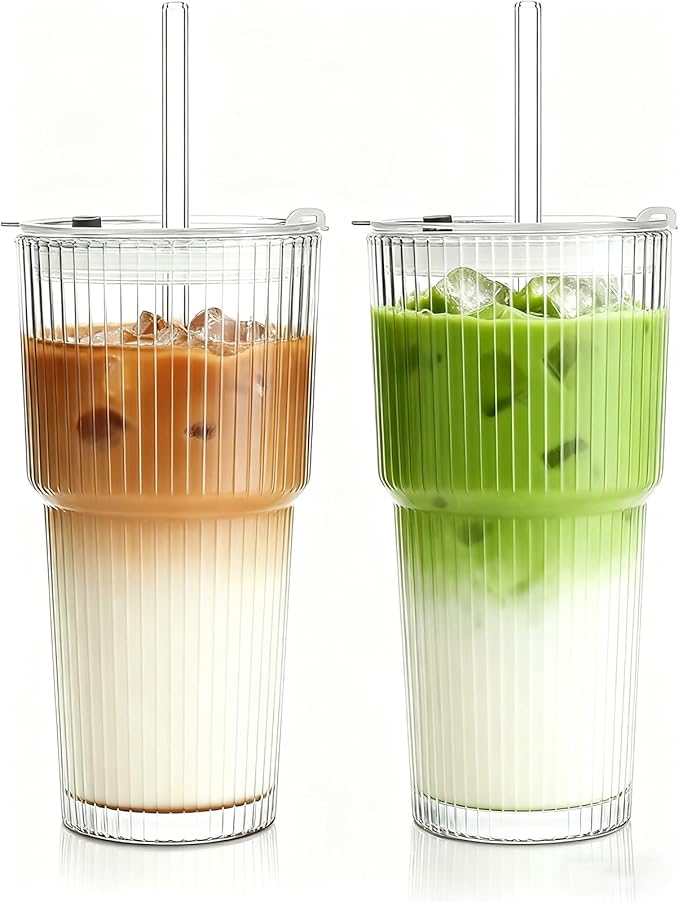 Haundry 20 oz Ribbed Glass Tumbler with Lids and Straws, 2 Pack Iced Coffee Cups, Thickened Glassware Set, Ripple Design Glass Cups for Coffee, Soda, Smoothies, Cocktails and Juice
