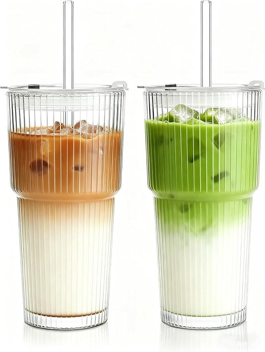 Haundry 20 oz Ribbed Glass Tumbler with Lids and Straws, 2 Pack Iced Coffee Cups, Thickened Glassware Set, Ripple Design Glass Cups for Coffee, Soda, Smoothies, Cocktails and Juice