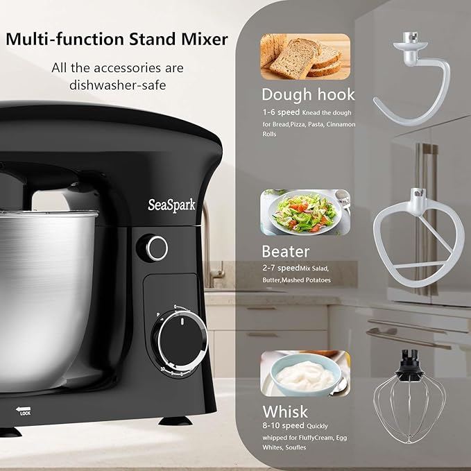 SeaSpark Stand Mixer, 3 in 1 Stand Mixer, 5.5Qt Electric Mixer, Mixer with Stainless Dough Hook, Wire Whip & Beater, Food Mixer for Baking, Cake and Most Home Cooks, Black
