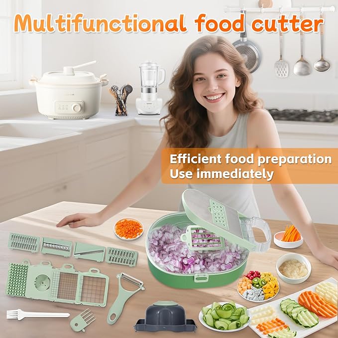 Vegetable Slicer and Chopper with Large Container Multifunction Mandoline Slicer Cutter with 10 Blades Food Chopper for Onion Potato Cucumber Carrot