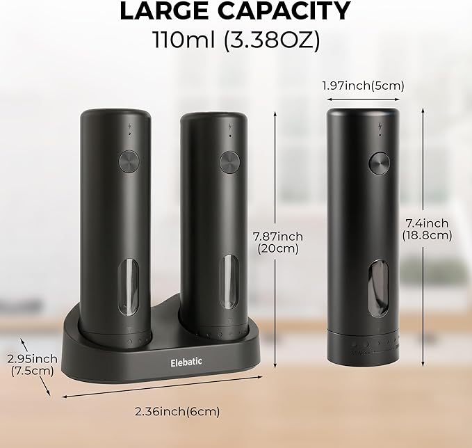 Upgraded Larger Capacity 110ml Electric Salt and Pepper Grinder Set, Rechargeable Automatic Salt and Pepper Shakers with LED light,Kitchen Appliances with External 6 Adjustable Coarseness